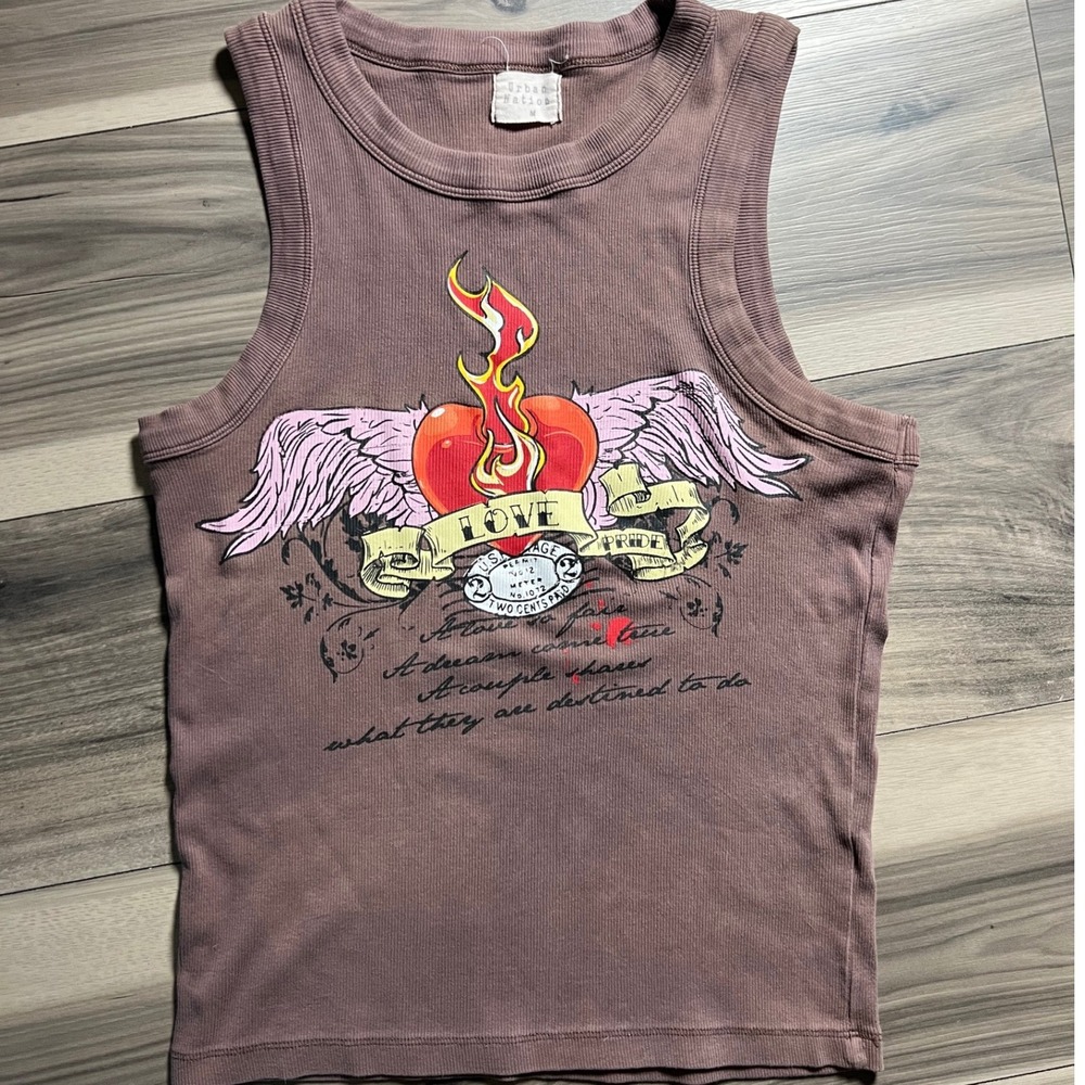 Urban Nation Y2K Winged Flaming Heart Ribbed Tank Top Brown Mauve Medium